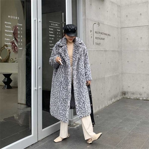 

winter thick warm leopard long teddy fur coat women outerwear loose suit collar faux rabbit fur jacket female 211110, Black