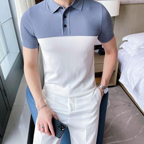 

men's polos casual ice silk shirt color contrast camisa masculina 2021 summer korean simple slim short sleeve, White;black