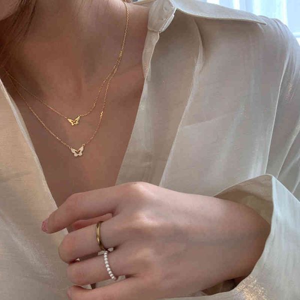 

14k gold plated 925sterling silver double layer necklace rhinestone stone butterfly animal tiny initial pendant