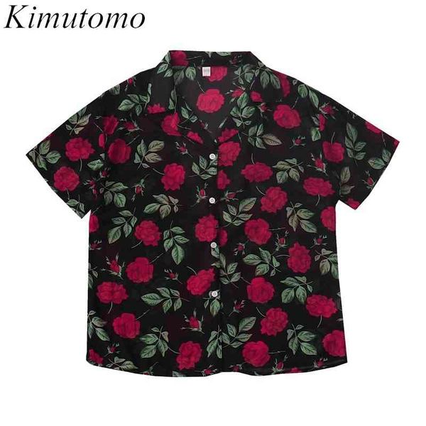 Kimutomo Rose Print Bluse Sommer Hong Kong Stil Retro Urlaub Wind Dünne Chiffon Hemd Frauen Kurzarm Casual Top 210521