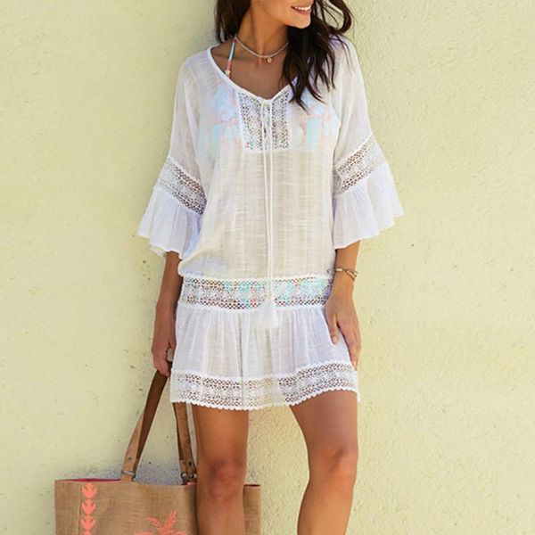 

casual dresses solid crochet mini dress women o neck tissue lace hollow out ruffle short sleeve vestido de mujer #g2, Black;gray