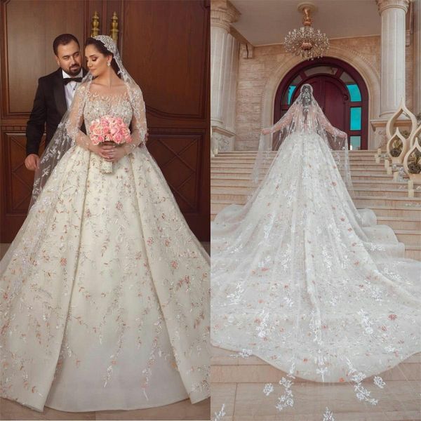 Arabo A Line Abito da sposa in pizzo Sheer maniche lunghe Abiti da sposa retrò con velo vestido de novia