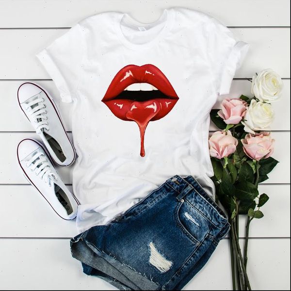 

women lip womens t shirt 3d elegant printed cute fashion short sleeve tees female ladies lady shirts, White