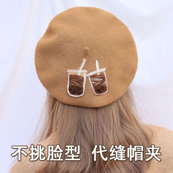 

party masks french winter warm woolen hat beret flat korean mori girl bowknot painter cap women's lovely milk tea artist japanese