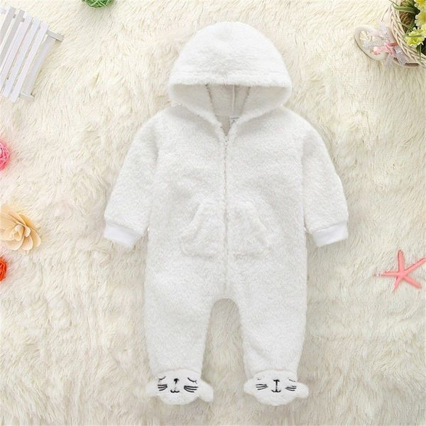 

infant baby boy girl winter warm romper jumpsuit hooded outfit clothes, White