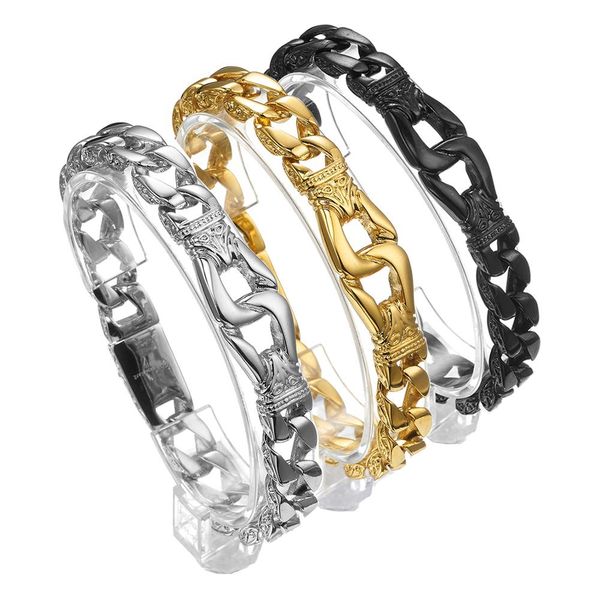 

cuban link bangle solid stainless steel splendid mens vintage fashion jewelry miami chain male bracelets 12mm*22cm, Black