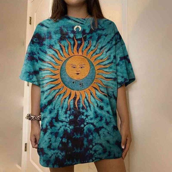 

tee vintage streetwear tie dye sun graphic printing face women oversized short sleeve shirts 2021 summer, White