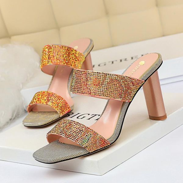 

slippers 2021 women .5cm high heels crystal sandals mules fetish summer wedding bridal gold pumps shoes sandalias mujer, Black