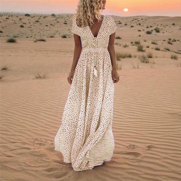 

elegant v neck boho women dresses spring polka dot print long party tassel maxi summer short sleeve beach, Black;gray