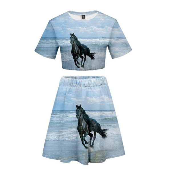 

trendy style funny animal horse 3d printed women two piece set summer short sleeve crop skirt girls casual streetwear women's swimwear, White;black