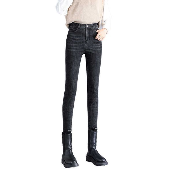 

autumn and winter plush thickened jeans women's high waist elastic slim fit warm tight little foot pencil pants, Black;white