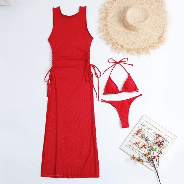 

women's swimwear 2021 mesh three piece split coverup solid color fashion bikini, White;black