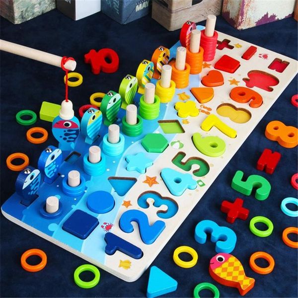 Kinder Mathe-Spielzeug für Kleinkinder, pädagogisches Holzpuzzle, Angelspielzeug, Montessori, Zählen, Zahlen, Formen, passende Sortierspiele, Brettspielzeug