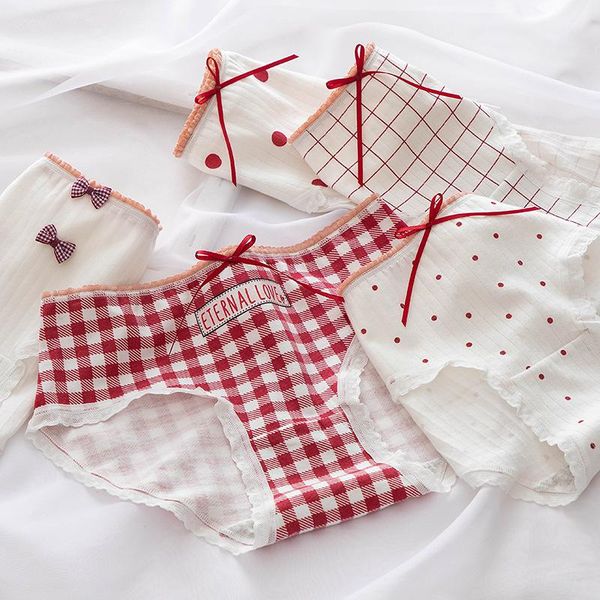 

women's panties dingdnshow 3pcs bow girls mid rise cotton lace print flor briefs plaid breathable underwear women, Black;pink