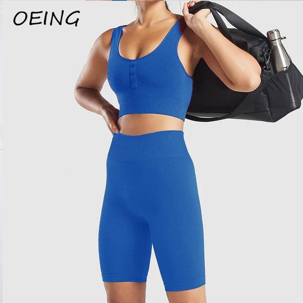 

yoga outfit women's biker shorts 2 piece set crop leggings sport wear workout gym clothes suits with button