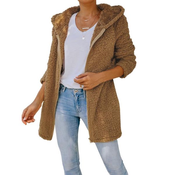

women's jackets women loose style fleece hooded jacket overcoat 2021 autumn winter thermal solid color zipper open front coats, Black;brown