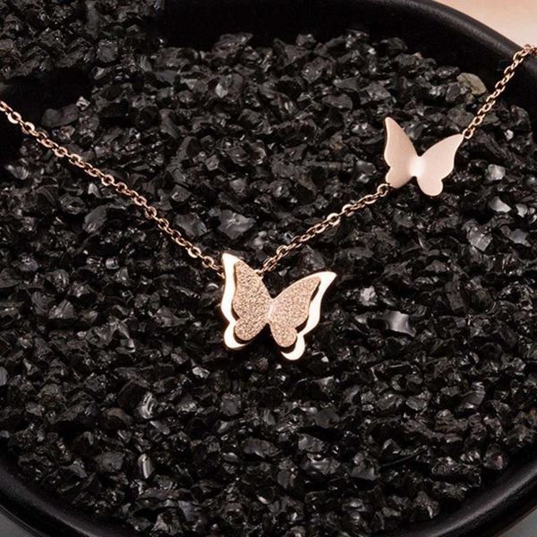 

handmade romantic double butterfly necklace titanium steel rose gold sanding scrub pendant necklaces, Silver