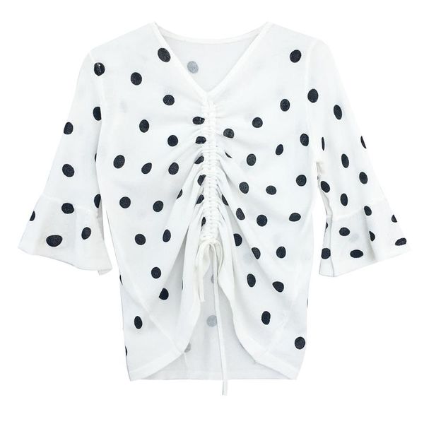 

women's blouses & shirts perhaps u white polka dot v neck 3/4 three quarter sleeve flare women chiffon drawstring shirt blouse black b0