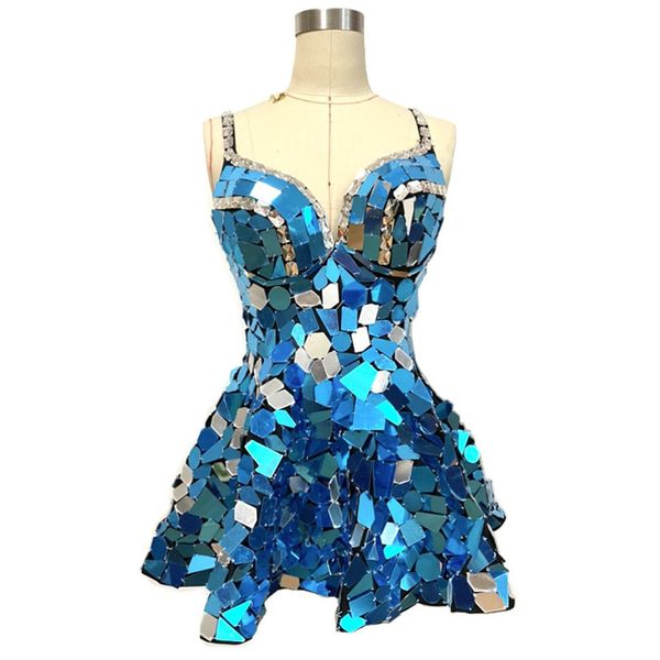 

customized sequins costume women silver mirror rhinestones v-neck bouffant mini short dress singer bar nightclub performance stage wear hand, Black;red