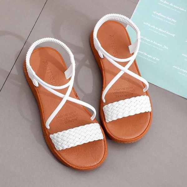 

cross strap weave stretch sandals rome shoes flats heel pu leather open toe casual summer dress black white