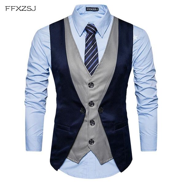 

men's vests ffxzsj brand fashion fake two piece vest men single breasted dress suit male formal slim business wedding waistcoat, Black;white