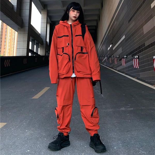 

harajuku loose jacket cargo pants 2 pieces set winter spring women windbreaker zip up tracksuit hoodies joggers two piece dress, White
