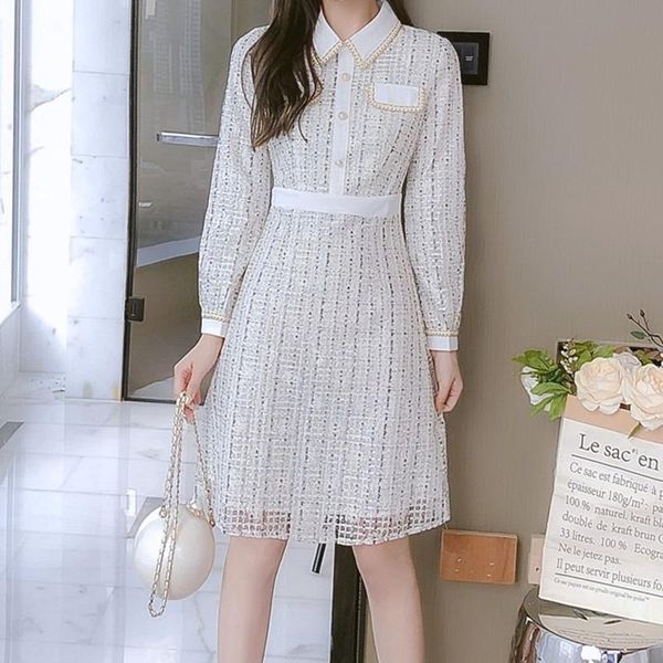 

korean women long sleeve patchwork tweed dress single-breasted autumn casual mini sheath dresses, Black;gray