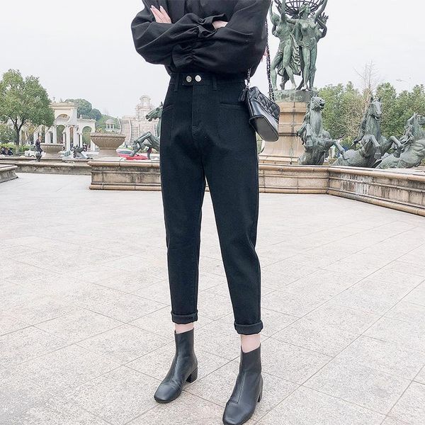 

cool women high waist stretch jeans students plus size 5xl loose baggy straight pants girls denim blue black trousers women's