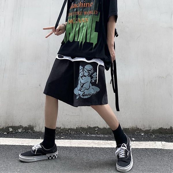 

men's shorts vintage angel print summer men women harajuku graphic sweat pants aesthetic streetwear hip hop clothes clothing punk, White;black
