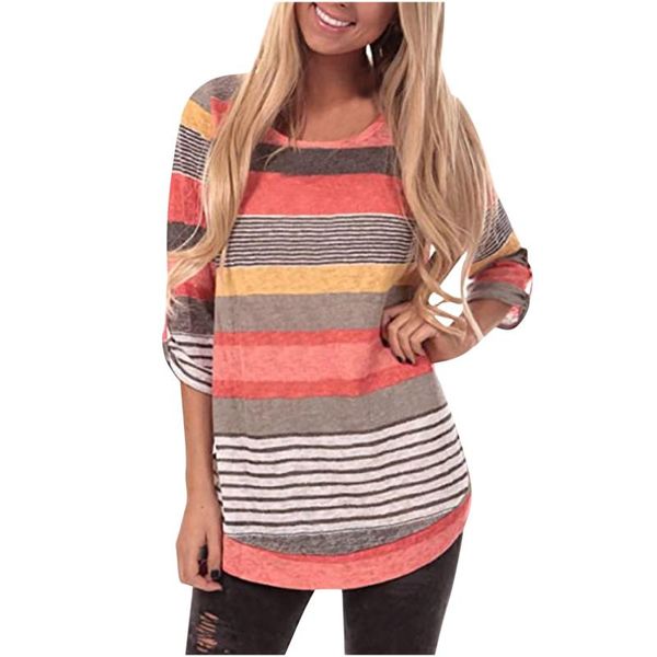 

women's blouses & shirts womens tshirt long sleeve casual blouse 2021 spring o-neck striped stitching loose fashion clothing mujer, White