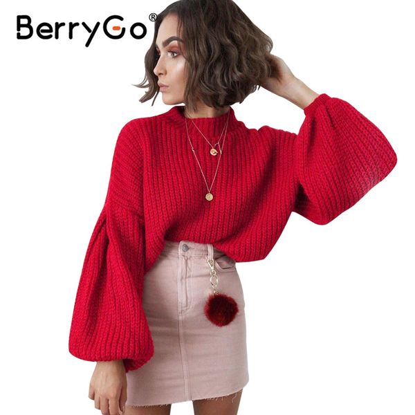 

berrygo elegant knitted red sweater women vintage long lantern sleeve jumper pullover autumn winter loose pull femme 210513, White;black