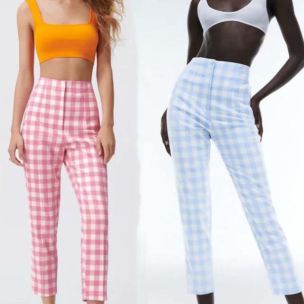 

women's pants & capris kumsvag women summer casual plaid pencil 2021 za high waist ankle-length female fashion street pant trousers clo, Black;white