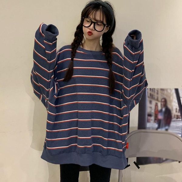 

women's t-shirt korean style t shirts women oversize long sleeve striped loose o-neck for ladies, White