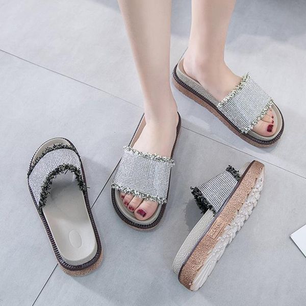 

slippers platform tassel silver glitter woman fabric selvedge crystal beach shoes ladies diamonds slides muffins flipflops, Black