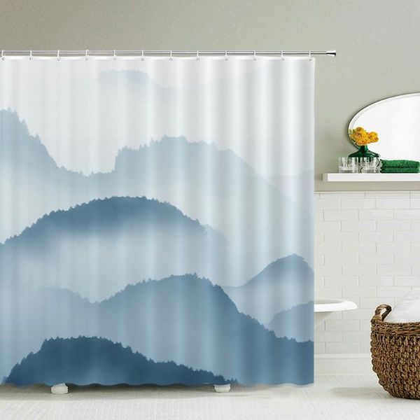 

chinese landscape shower curtains bathroom polyester waterproof curtain ink painting printing for