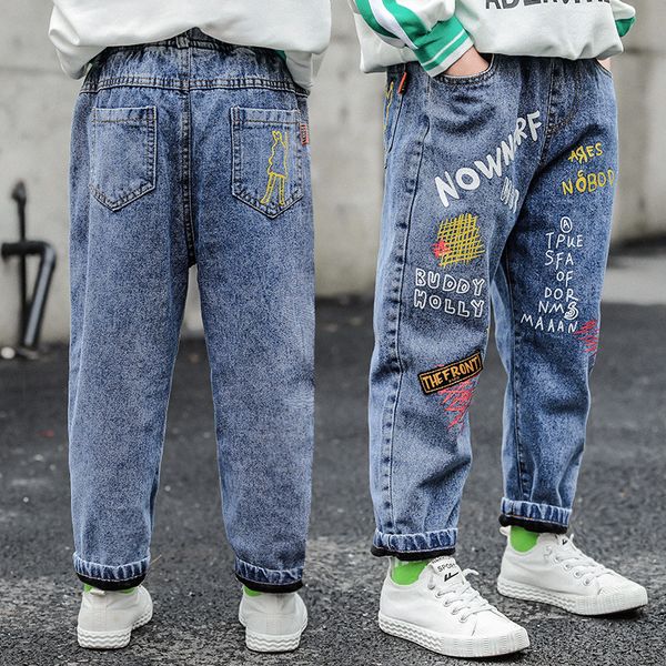 

winter warm pants boys jeans plus velvet thickened fashion colored letter print jeans teens boys casual trousers kids 3-12 years, White