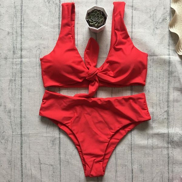

women's swimwear high waist bikini women solid red backless push up biquini female front tie bathing suit swimsuit, White;black