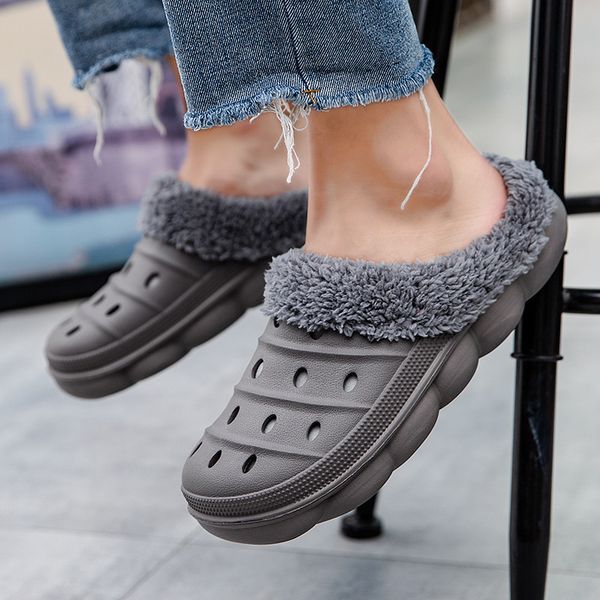 

winter plush flat heel warm home cotton slippers lovers indoor wool hole shoes, Black