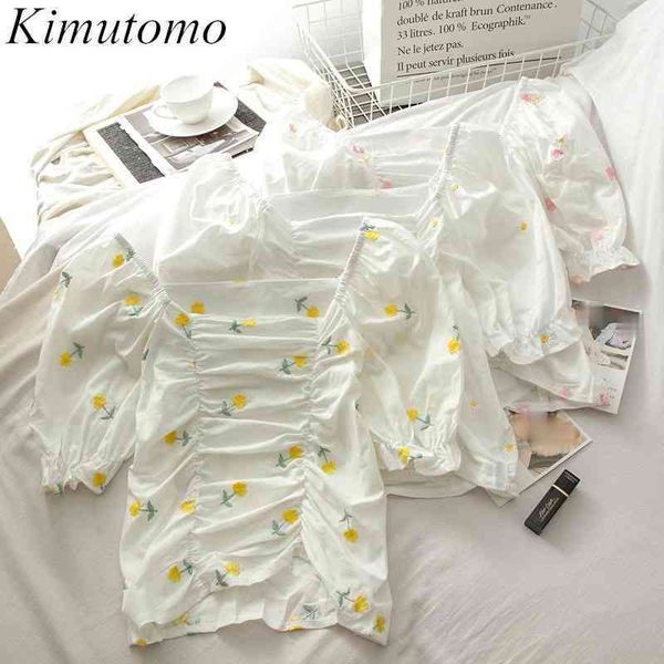 

kimutomo korean style floral embroidery blouse and shirt girls summer chic square collar puff sleeve short elegant 210521, White