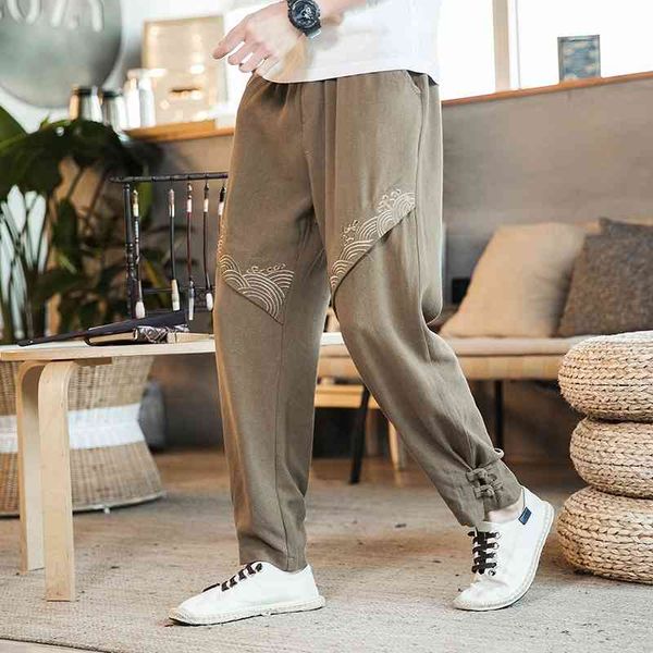 

men's pants embroidery men harem vintage trousers mens jogging cotton linen casual sweatpants male big size streetwear 5xl escn, Black