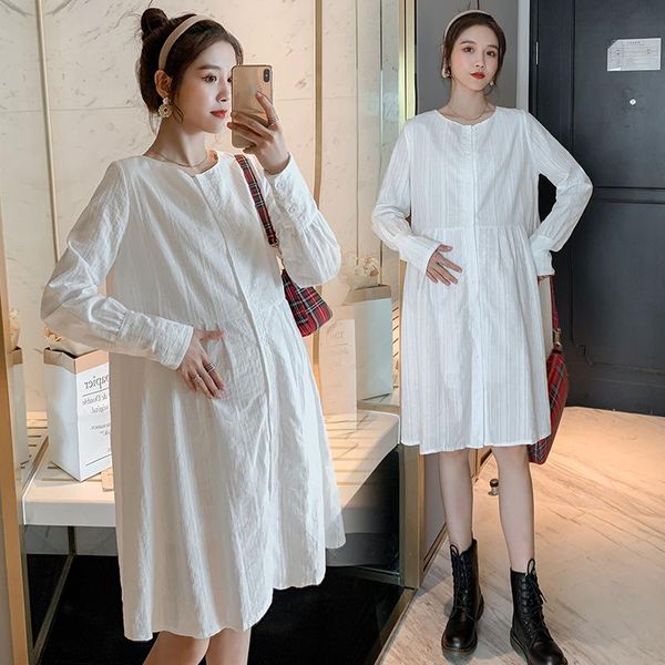 

maternity dresses 862# dress spring autumn cotton solid color o neck long sleeves loose stylish for pregnant women mom, White