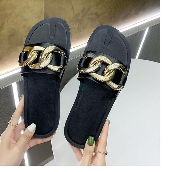 

women slippers summer metal sandals female shoes woman flat with fashion 2021 outdoor for ladies, Black