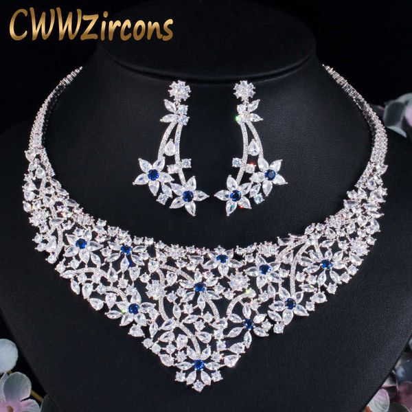 

royal blue cz flower leaf statement nigerian dubai necklace earrings for women wedding bridal party jewelry set t1 210714, Silver