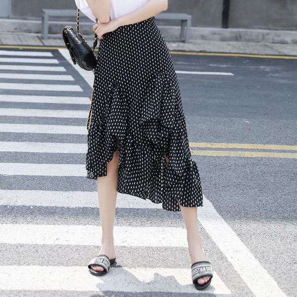 

skirts faldas mujer moda platform explosion women's ladies' high fashion casual ruffled polka dot frill wraps midi skirt jupe femm, Black