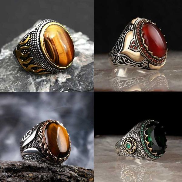 

cluster rings punk big dark yellow stone ring for men vintage jewelry ancient black silver color two tone carved metal oval zircon finger, Golden;silver