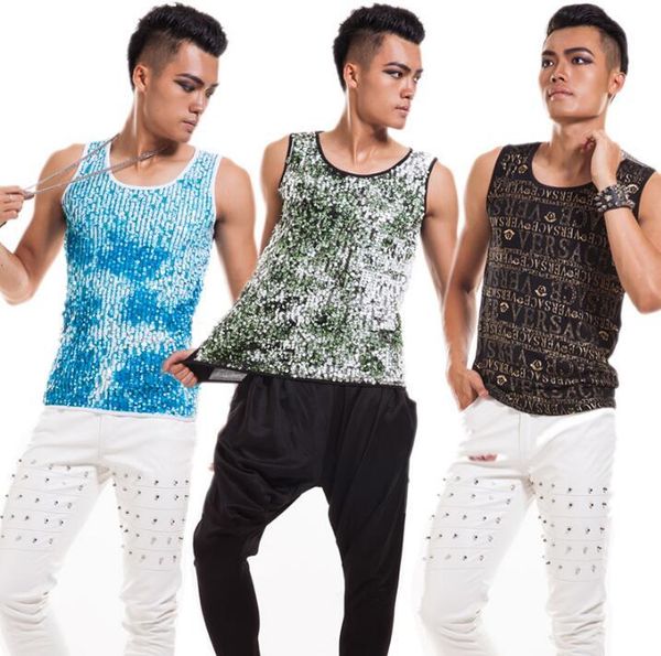 

men's vests dense sequins personality slim male sleeveless vest men punk rock costumes hombre chalecos singer dance stage star fashion, Black;white