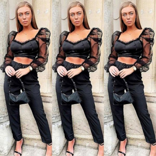 

women's blouses & shirts women slim fit casual cropped sheer low cut spliced mesh puff sleeve crop stylish blouse elegant, White