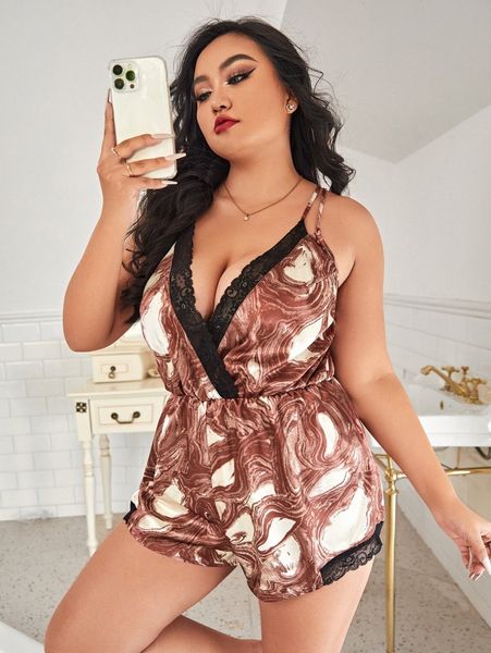 

plus marble print lace trim satin cami sleep romper m3pl#, Black;white
