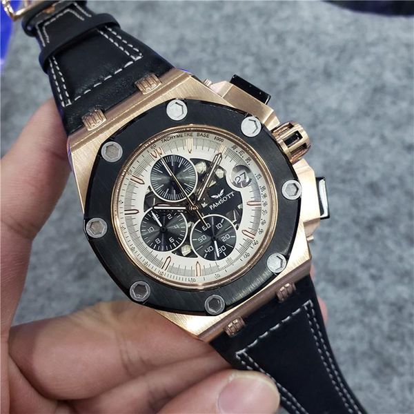 

wristwatches men quartz chronograph stainless steel rose gold sapphire crystal luxury black leather strap watch, Slivery;brown