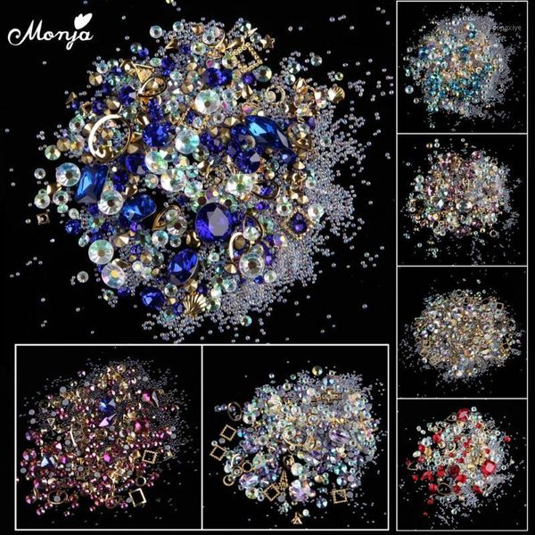 

monja 12 type nail art flat back ab rhinestones crystal gems charms metal studs mixed diy 3d decorations accessories1, Silver;gold